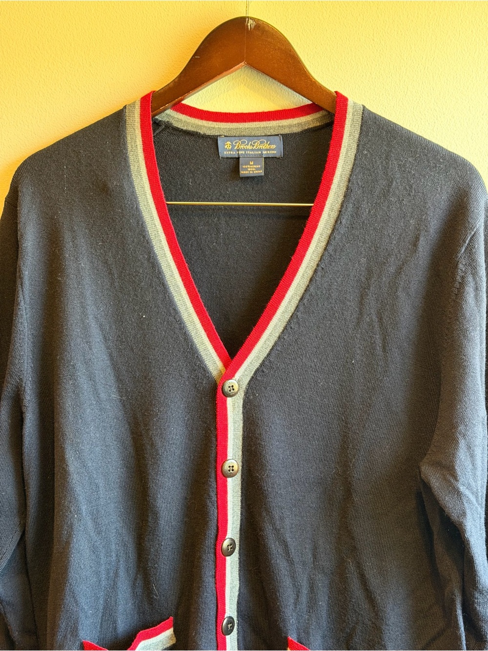 Brooks Brothers Men's Navy Cardigan with Red & Gray Trim 100% Marino Medium